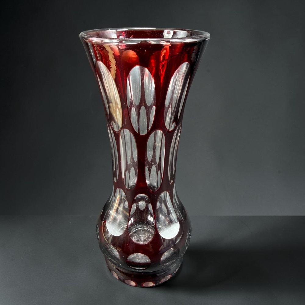 Bohemian Czech Ruby Red Cut to Clear Glass Thumbprint Vase 5.5 Inch Vintage